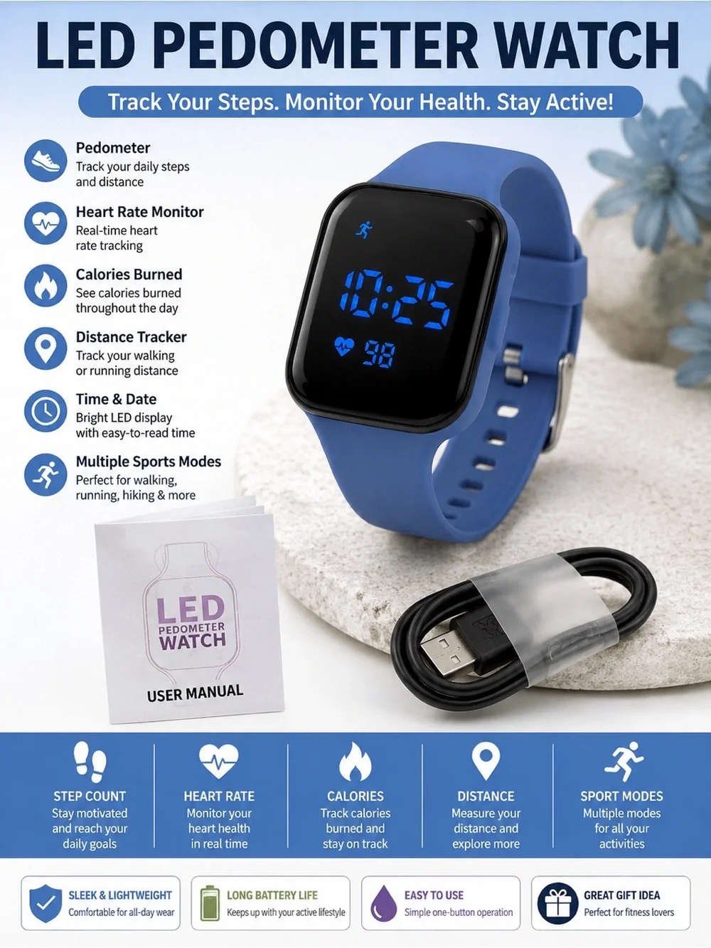 LED Pedometer Watch - Blue